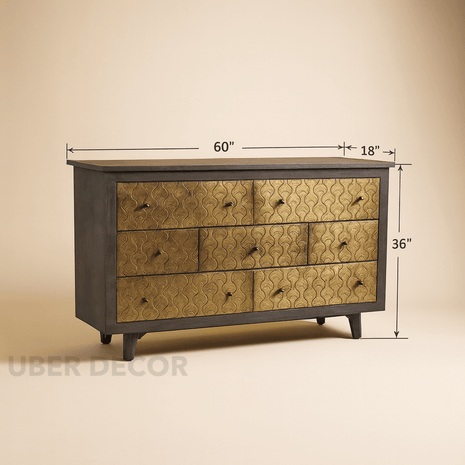 Lume Brasswave Mid Century Indian Solid Wood Chest – Charcoal Finish, Hand-Carved Brass, 7-Drawer Storage - Uber Decor