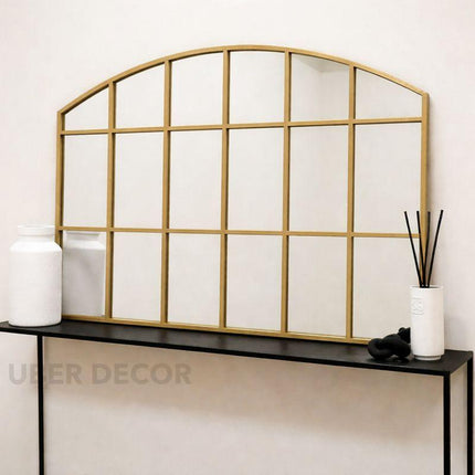 LusterArc- Arched Top Wide Metal Framed Window Style Mirror for Console or Dining Table Wall