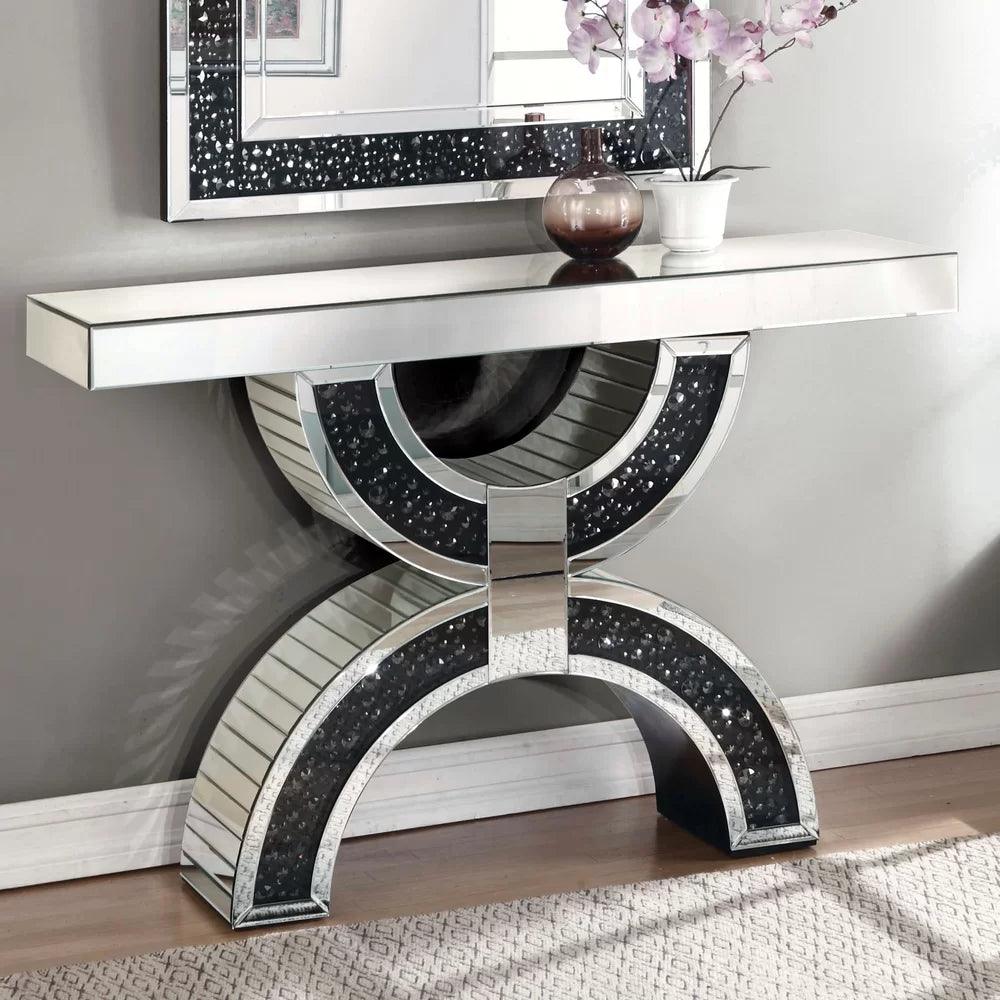 Urban Luxe- Semi Circle Crushed Glass Luxury Gemstone Center Mirrored Console Table for Living Room