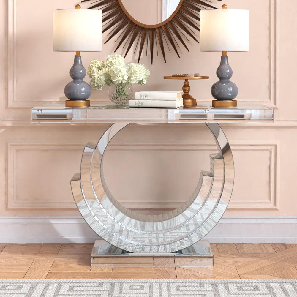 Celestial Mirage- Modern Luxury Crushed Glass Crystal Mirrored Console Table For Living Room