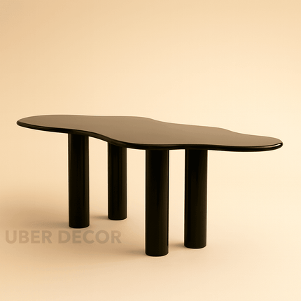 Ebon Curve Modern Luxe Dining Set – Sculptural Black Stone or Wood Top with Designer Cane-Back Chairs for Dining Room or Studio Loft