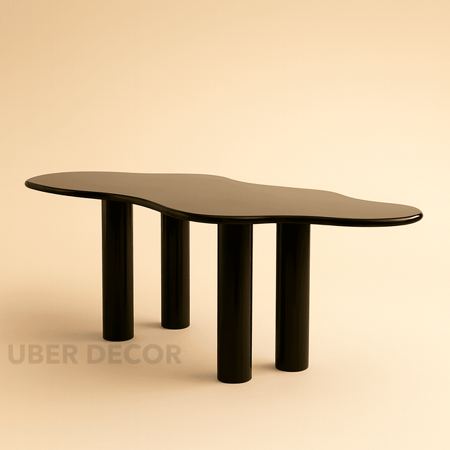 Ebon Curve Modern Luxe Dining Set – Sculptural Black Stone or Wood Top with Designer Cane-Back Chairs for Dining Room or Studio Loft