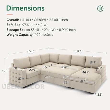 Florence Sectional Sleeper Sofa- 6 Seater Convertible Sofa with Pull-Out Bed with Storage for Living Room and Guest Bedroom - Uber Decor