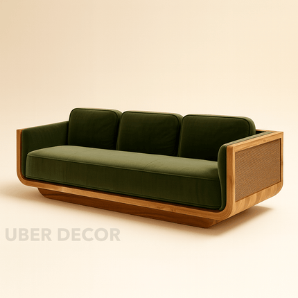 Hanoi Modern 3-Seater Wooden Sofa Luxury Couch with Woven Side Panels for Living Room