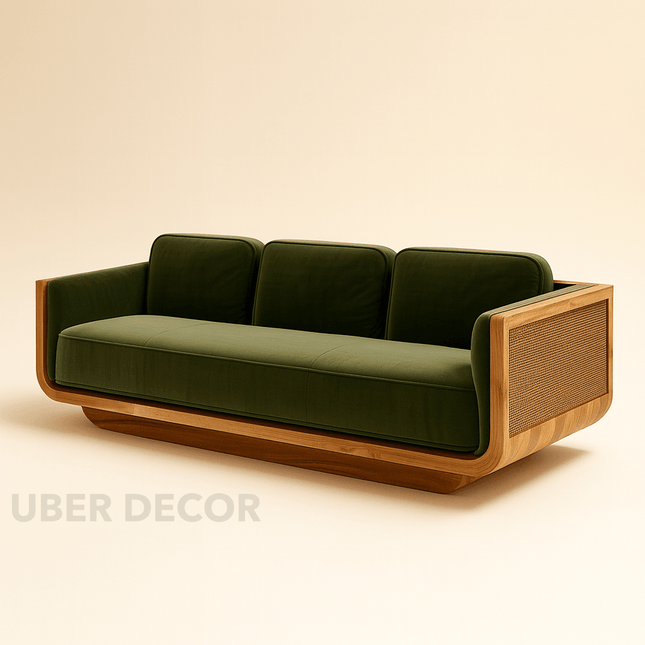 Hanoi Modern 3-Seater Wooden Sofa Luxury Couch with Woven Side Panels for Living Room