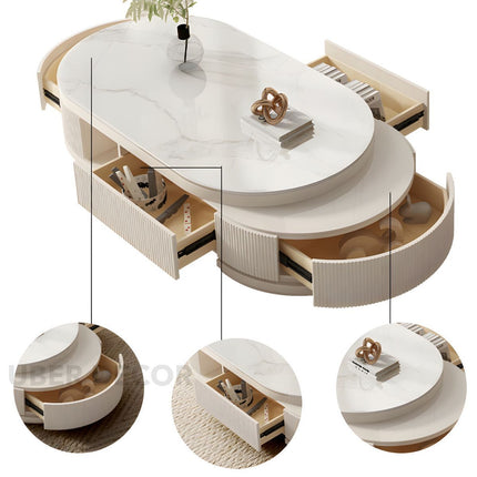 Orlin Crest TV Unit with Coffee Table  – Luxury Fluted Console, Rounded Corner Design, Low Base, Living Room Entertainment Unit