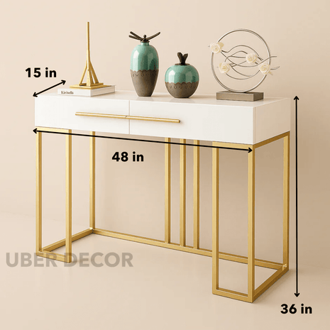 Montereau Luxe Modern Console Table – White Gloss Drawer Console with Gold Linear Base for Hallway & Living Room Elegance - Uber Decor