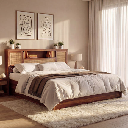 CaneHaven Japandi Wabi-Sabi Rattan Panel Platform Bed – Customisable Wooden Bed for Modern Indian Homes