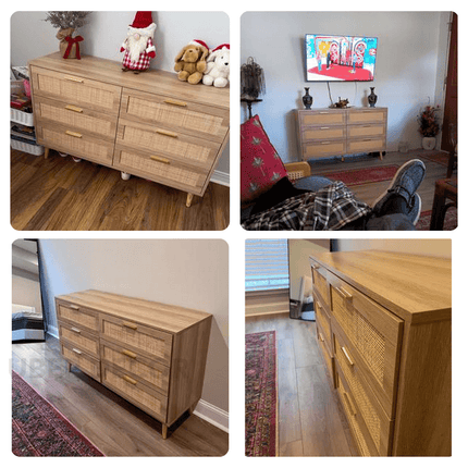 Bayshore 6-Drawer Scandinavian Rattan Front Solid Wood Cabinet with Natural Polish & Custom Finish Options for Bedroom, Living Room & Entryway