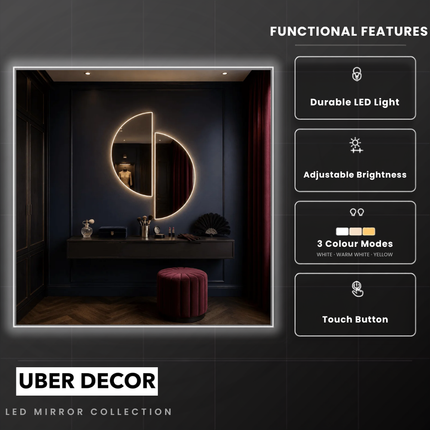 Semi Half Circle Frameless LED Mirror Set with Front or Back Lit for Bathroom Vanity and Modern Interiors