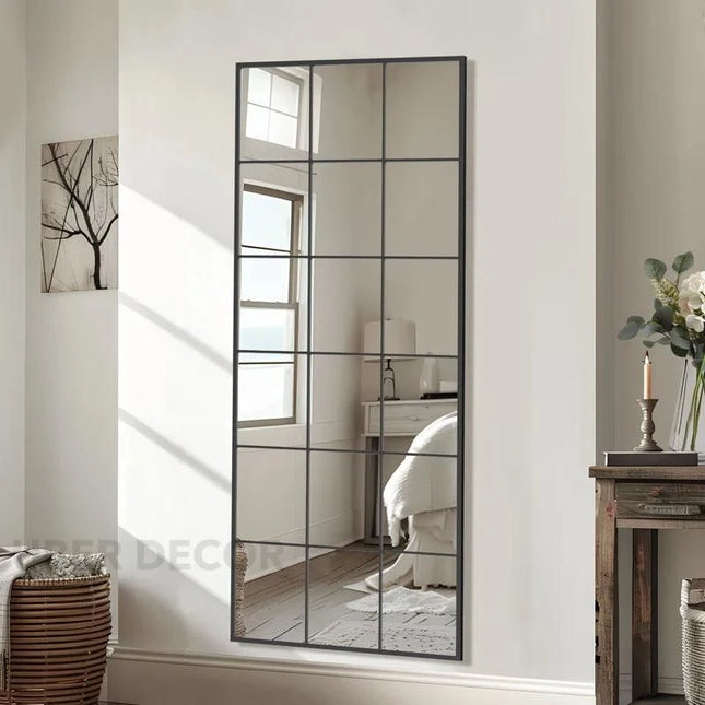 PanePerfection: Window-Style Metal Frame Grid Style Full-Length Mirror for Foyer, Bedroom or Balcony - Uber Decor