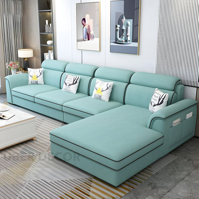 Quebec Luxury Modern Sectional Sofa with Lounger and Adjustable Headrests Designer Sofa with Storage Pockets for Living Room