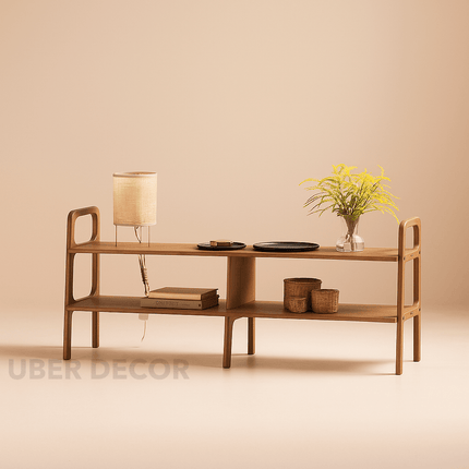 Almora Grid Console – Mid-Century Wooden Media Console and Display Table for Living Rooms & Studios