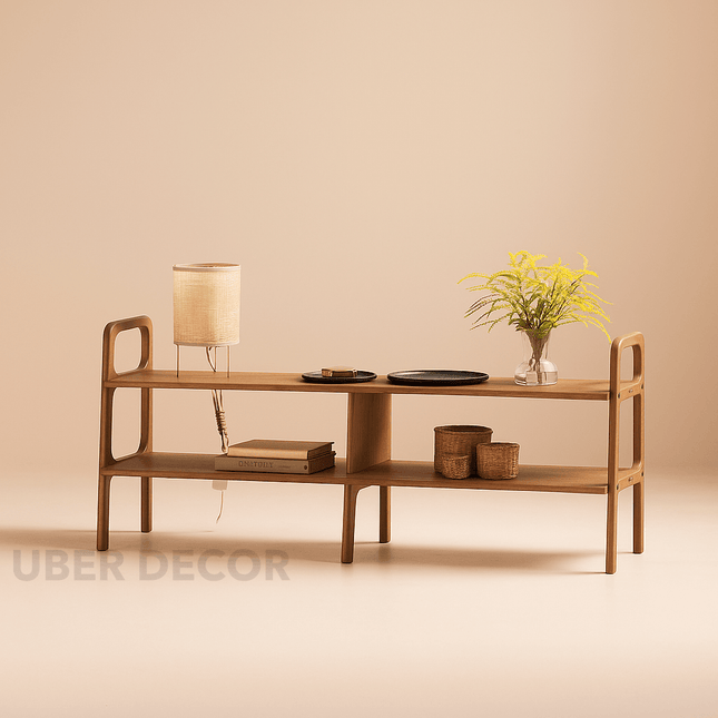 Almora Grid Console – Mid-Century Wooden Media Console and Display Table for Living Rooms & Studios