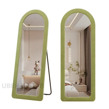 SuedeWrap Luxe Arched Full Length Upholstered Standing Mirror for Bedroom with optional LED light