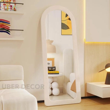 SuedeWrap Luxe Arched Full Length Upholstered Standing Mirror for Bedroom with optional LED light