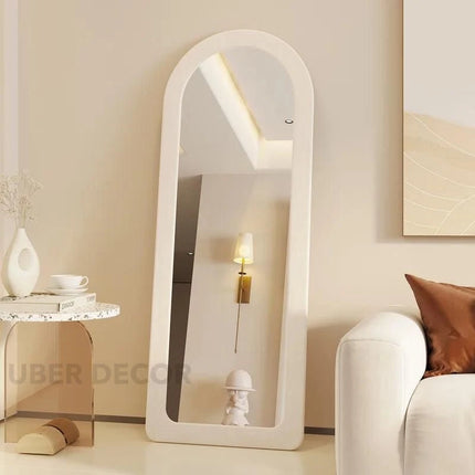 SuedeWrap Luxe Arched Full Length Upholstered Standing Mirror for Bedroom with optional LED light