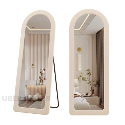 SuedeWrap Luxe Arched Full Length Upholstered Standing Mirror for Bedroom with optional LED light