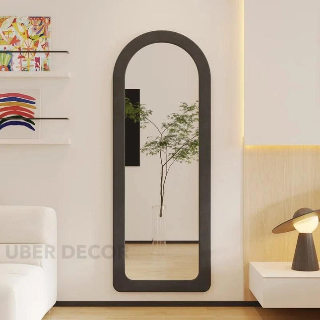 SuedeWrap Luxe Arched Full Length Upholstered Standing Mirror for Bedroom with optional LED light