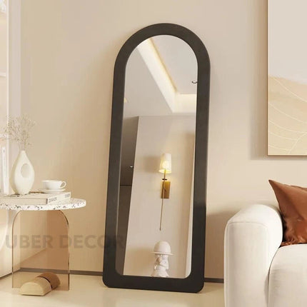 SuedeWrap Luxe Arched Full Length Upholstered Standing Mirror for Bedroom with optional LED light