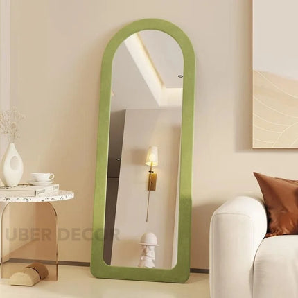 SuedeWrap Luxe Arched Full Length Upholstered Standing Mirror for Bedroom with optional LED light