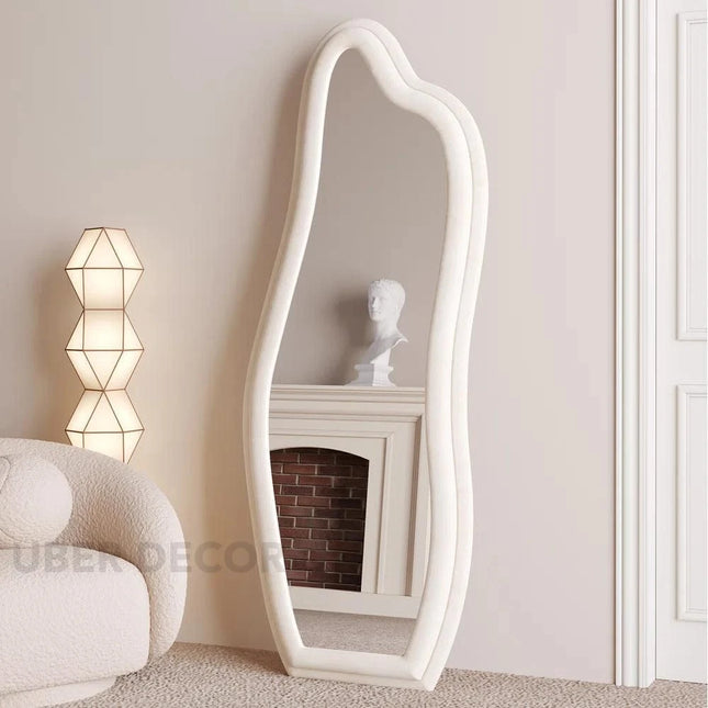 Whimsical Wave Upholstered Full Length Bedroom Mirror- Modern Wavy Irregular Arched Mirror
