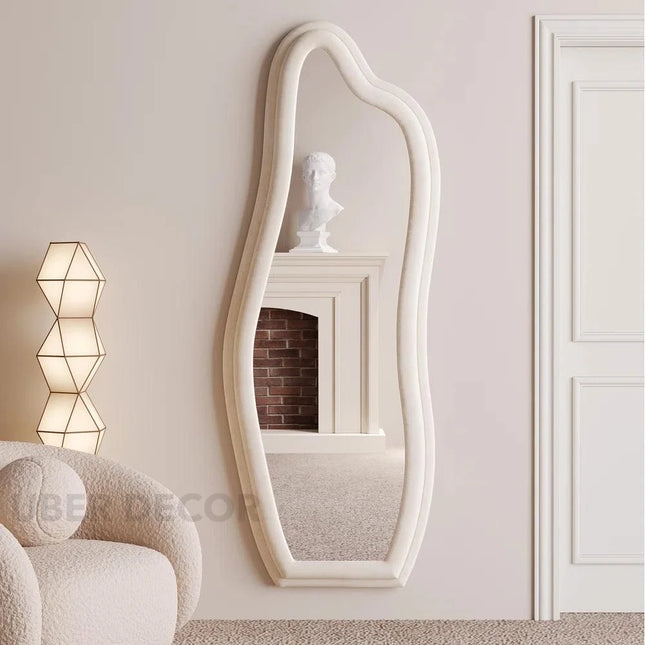 Whimsical Wave Upholstered Full Length Bedroom Mirror- Modern Wavy Irregular Arched Mirror