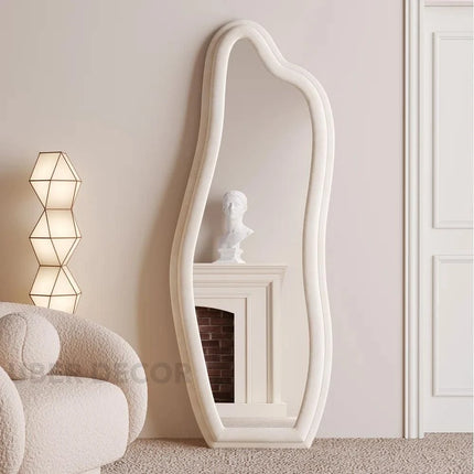 Whimsical Wave Upholstered Full Length Bedroom Mirror- Modern Wavy Irregular Arched Mirror