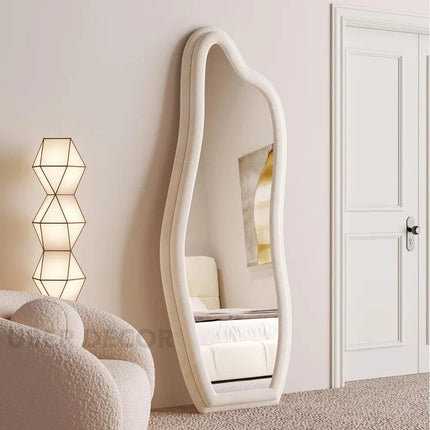Whimsical Wave Upholstered Full Length Bedroom Mirror- Modern Wavy Irregular Arched Mirror