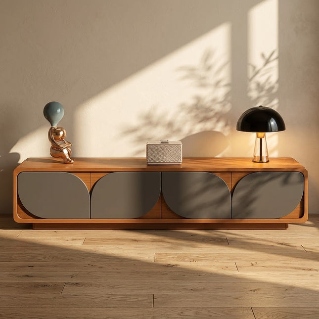 Zayrah Flow – Designer TV Cabinet, Mid Century Modern Console, American Inspired Walnut Finish, Closed Base, Living Room TV Unit Console