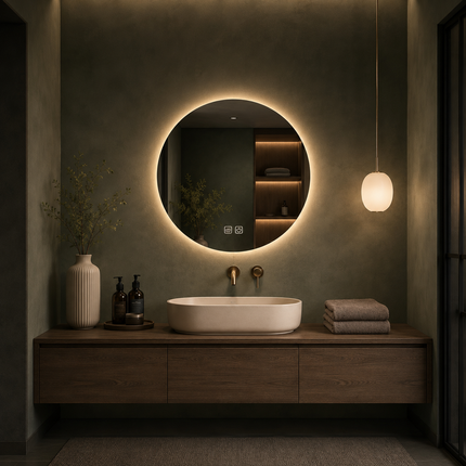 Mandala Round Frameless Front or Backlit Mirror with LED Lights- Touch Sensor Mirror for Bathroom and Bedroom