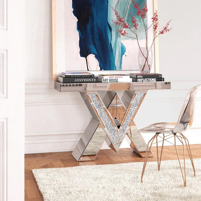 Nova Spark - Crossed V Shaped Modern Luxury Crystal Mirrored Console Table for Entryway