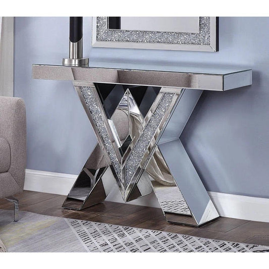 Nova Spark - Crossed V Shaped Modern Luxury Crystal Mirrored Console Table for Entryway