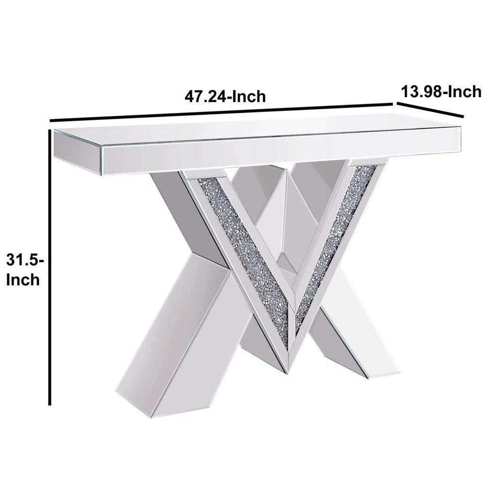 Nova Spark - Crossed V Shaped Modern Luxury Crystal Mirrored Console Table for Entryway