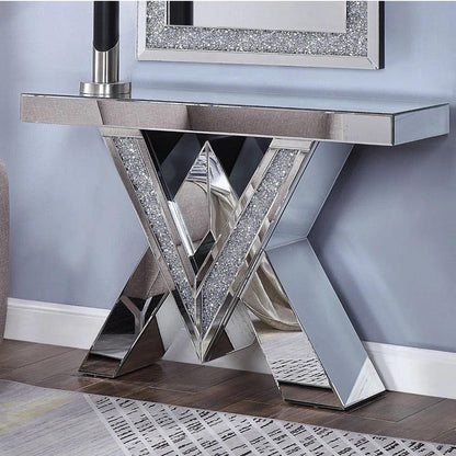 Nova Spark - Crossed V Shaped Modern Luxury Crystal Mirrored Console Table for Entryway