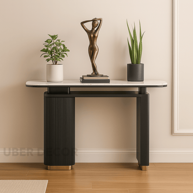 Orion Noir Side or Console Table – Custom Black or White Marble Top with Fluted Detailing Mid‑Century Glam Accent For Entryway & Hallway