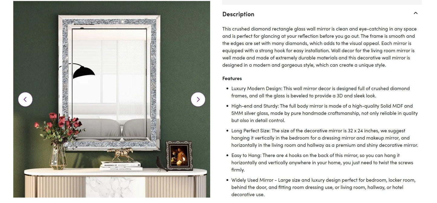 Athena's Opulence: Rectangular Crushed Glass Crystal Mirror for Console, Makeup or Bathroom