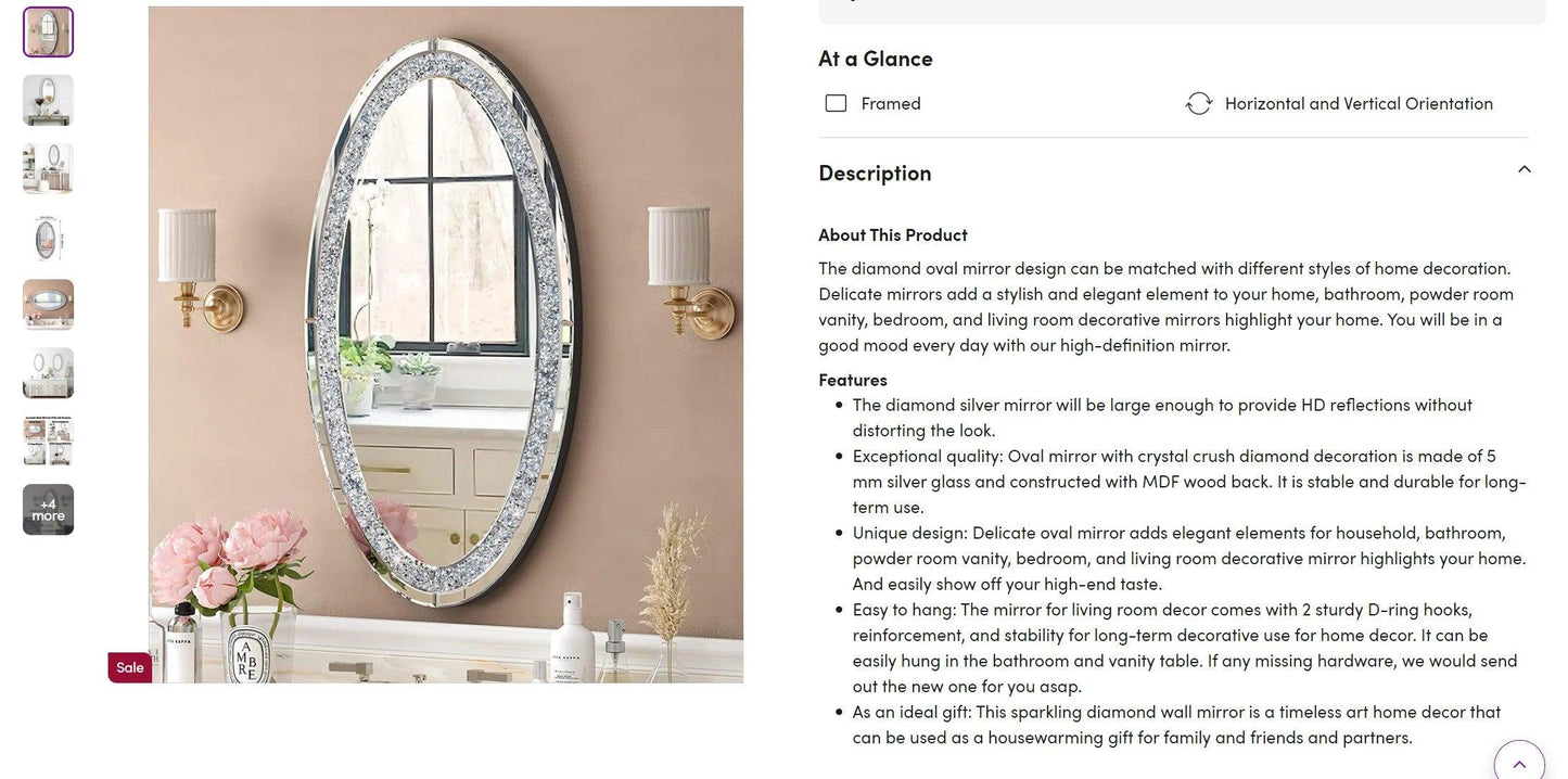 Elysium's Radiance: Oval Shaped Crushed Glass Crystal Mirror for Console, Makeup or Bathroom