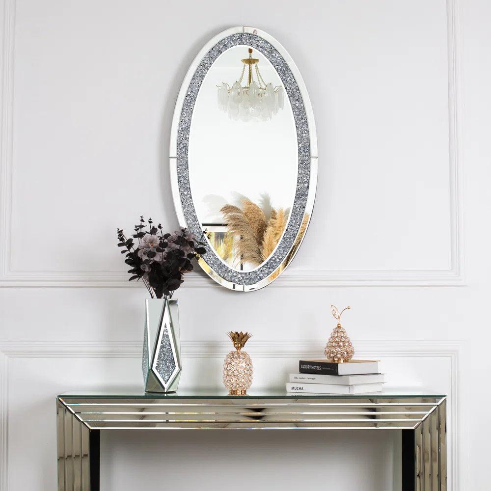 Elysium's Radiance: Oval Shaped Crushed Glass Crystal Mirror for Console, Makeup or Bathroom