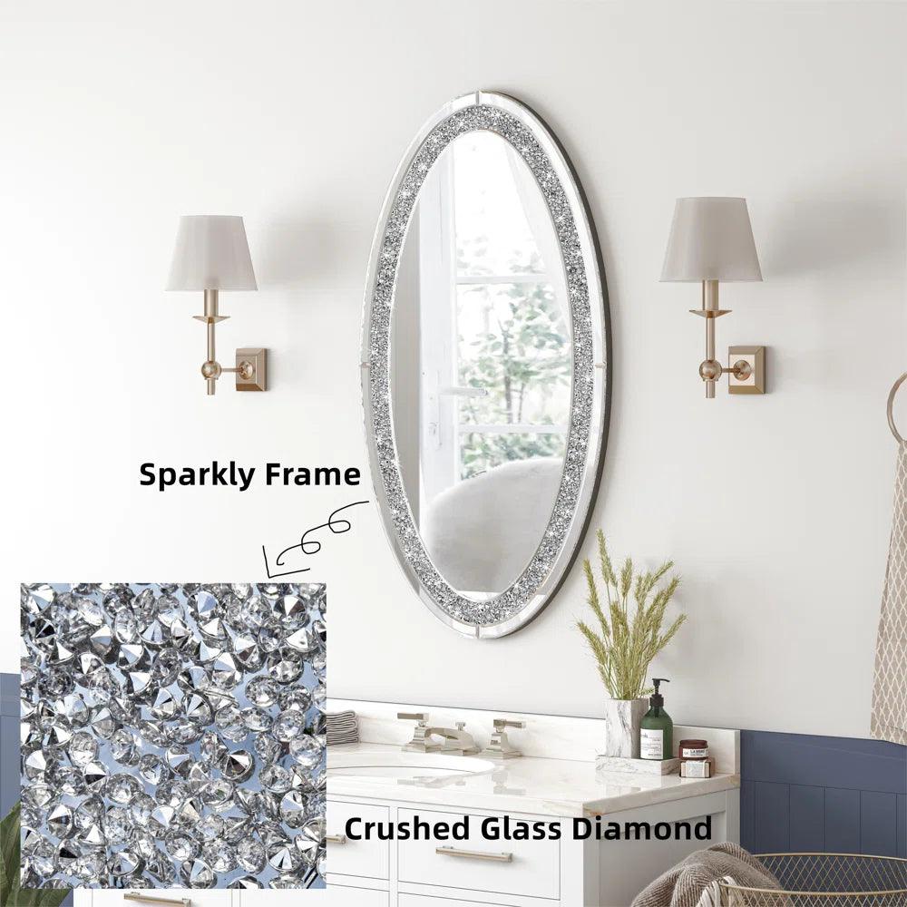 Elysium's Radiance: Oval Shaped Crushed Glass Crystal Mirror for Console, Makeup or Bathroom