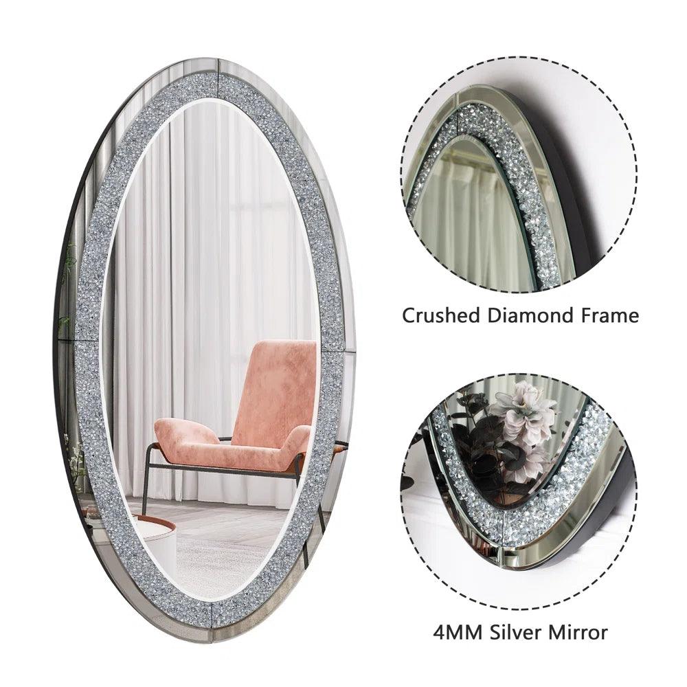 Elysium's Radiance: Oval Shaped Crushed Glass Crystal Mirror for Console, Makeup or Bathroom