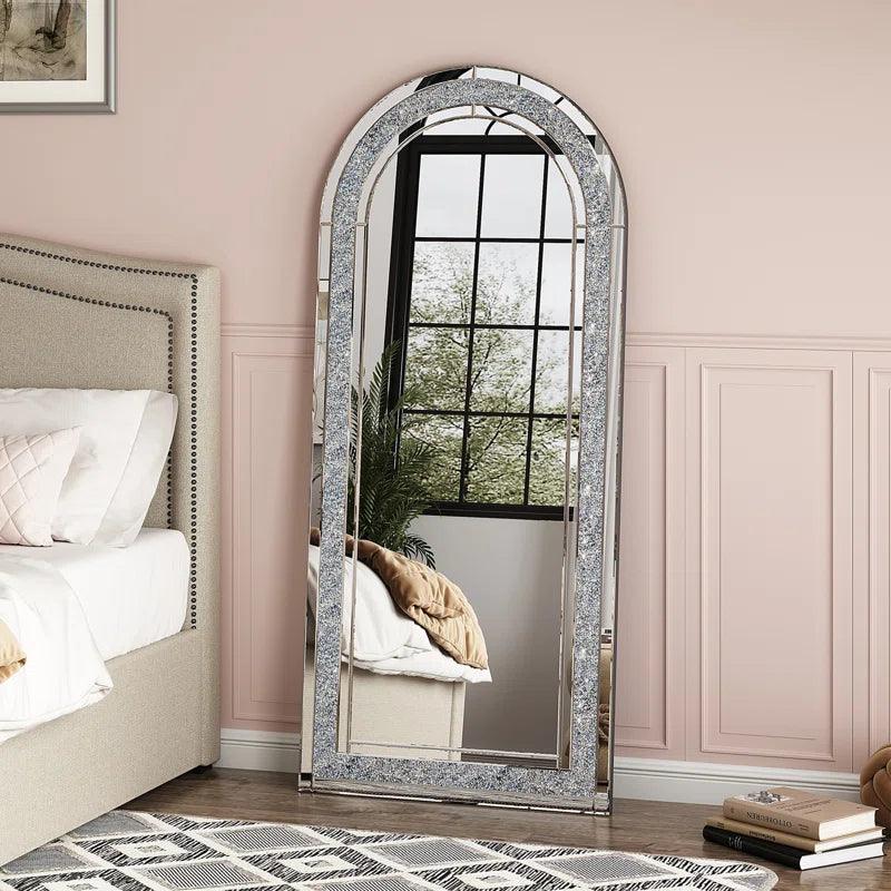 Zeus's Elegance: Full Length Arched Floor Standing Crushed Glass Crystal Mirror for Bedroom or Living Room