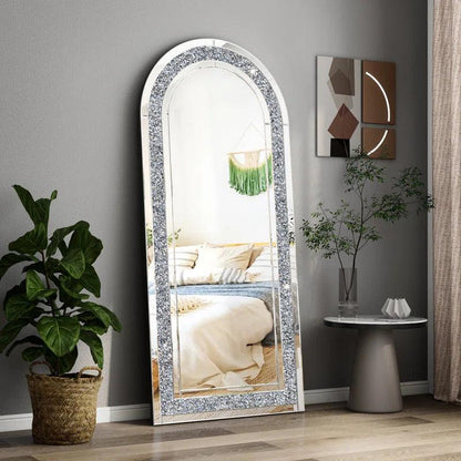 Zeus's Elegance: Full Length Arched Floor Standing Crushed Glass Crystal Mirror for Bedroom or Living Room