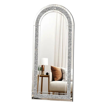 Zeus's Elegance: Full Length Arched Floor Standing Crushed Glass Crystal Mirror for Bedroom or Living Room