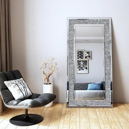 Hera's Splendor: Full Length Rectangular Floor Standing Crushed Glass Crystal Mirror