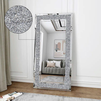 Hera's Splendor: Full Length Rectangular Floor Standing Crushed Glass Crystal Mirror