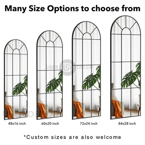 Old World Charm Arched Wall Mirror – Metal Window Mirror Full Length Mirror for Living Room & Entryway Accent - Uber Decor