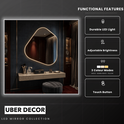 Veda Organic Frameless LED Wall Mirror with Front or Back Lit for Bathroom Vanity and Modern Interiors