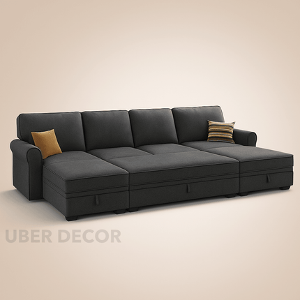 Capri Sleeper Sectional Sofa- 4 Seater Convertible Sofa Bed with Storage Seat for Living Room and Home Office, Dark Grey - Uber Decor