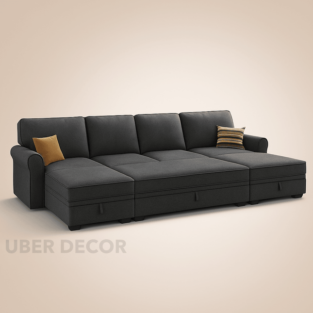 Capri Sleeper Sectional Sofa- 4 Seater Convertible Sofa Bed with Storage Seat for Living Room and Home Office, Dark Grey - Uber Decor